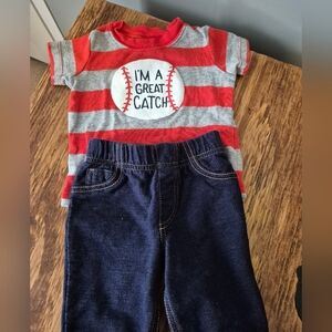 Carter's Red and Gray Striped Top with Navy Jeans Set